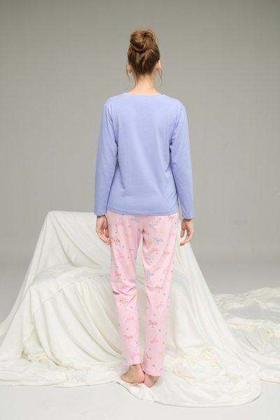 Siyah İnci lila kurdele desenli Örme Pamuklu Pijama Takım25240191