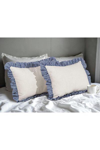 Erba kreasyon Ruffled Pillow Case 100% Cotton Linen Gingham Ruffle Detail 50X70