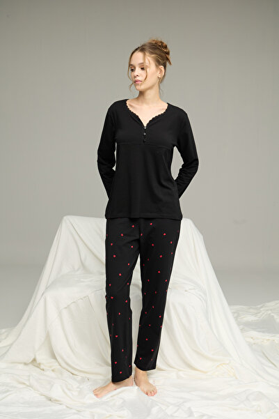 Siyah İnci Чорний візерунок, кнопки, деталізований, в'язаний, бавовняний піжамний комплект 25240193