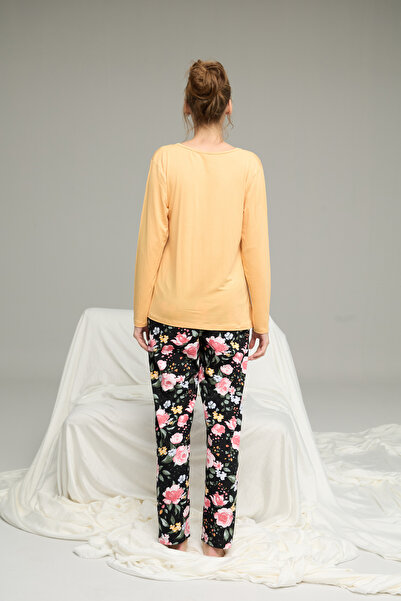 Siyah İnci Yellow Pattern Knitted Cotton Pajamas Suit25240202