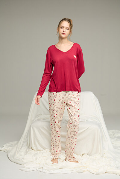 Siyah İnci Burgundy Pattern Knitted Cotton Pajamas Suit25240250