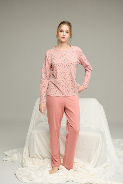 Siyah İnci Set de pijamale din bumbac tricotat cu model pudra25240266