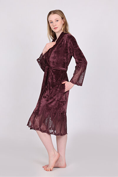 Nuşa Elegant Stylish Lace Niki Velvet Bamboo Cotton Dressing Gown