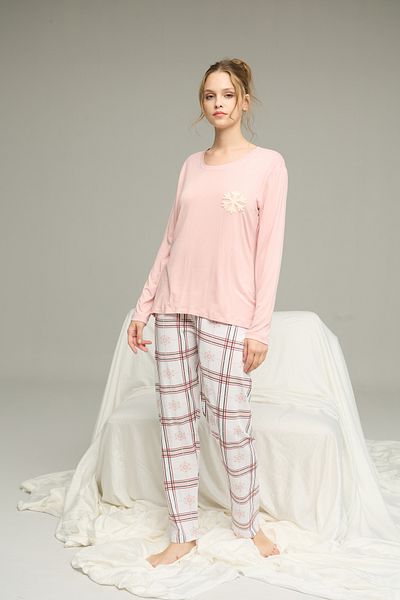Siyah İnci Powder Plaid Pattern Knitted Cotton Pajamas Suit25240274