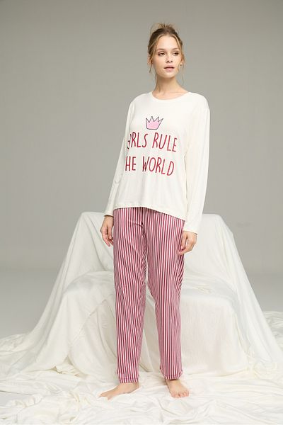 Siyah İnci Ecru Line Pattern Knitted Cotton Pajamas Suit25240196