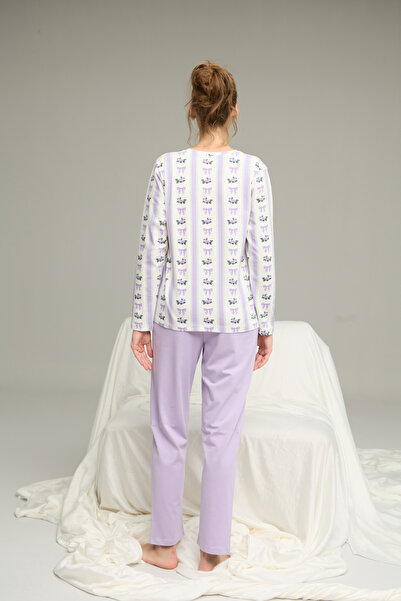 Siyah İnci Ліловий комплект піжами з бавовняного трикотажу з візерунком у вигляді стрічок25240270