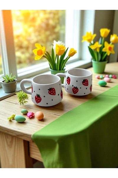 seramiker Strawberry Patterned Handcrafted Mug (2Pcs)