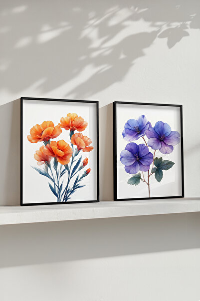 STARYUNA Tablou cu flori, set de 2 tablouri cu rama din lemn negru Yuna208