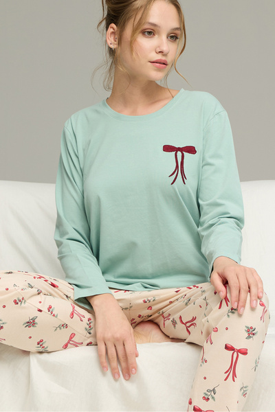 Siyah İnci Green Pattern Knitted Cotton Pajamas Suit25240254