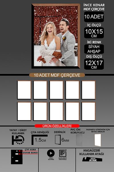 Bytwo 10Pcs 10X15 Frame - Fine Slatted Frame - 2 Colors Wood Black - 6mm Frame Photo Frame