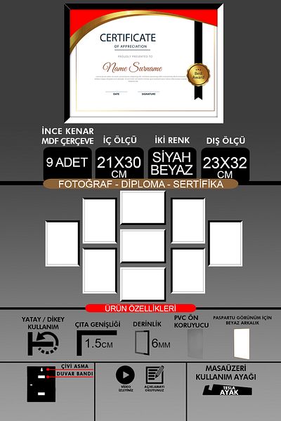 Bytwo 9 Pieces 21X30 Frame - Fine Slatted A4 Frame - 2 Colors Black and White - Photo Certificate Frame