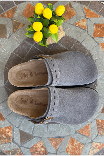 Lemoors Mary Jane Natural Cork Sole Genuine Suede Leather Anthracite Color Sabo Slippers
