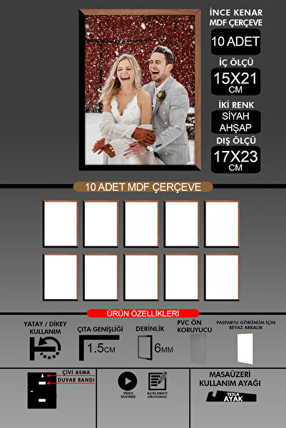 bymat 10 Pieces 15X21 Frame - Thin Slatted A5 Frame - 2 Colors Wood Black - 6mm Photo Frame