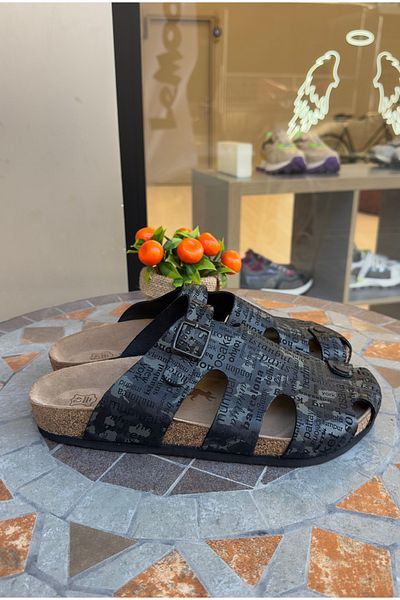 Lemoors Diego Natural Cork Sole Genuine Leather Black Color Printed Sabo Slippers