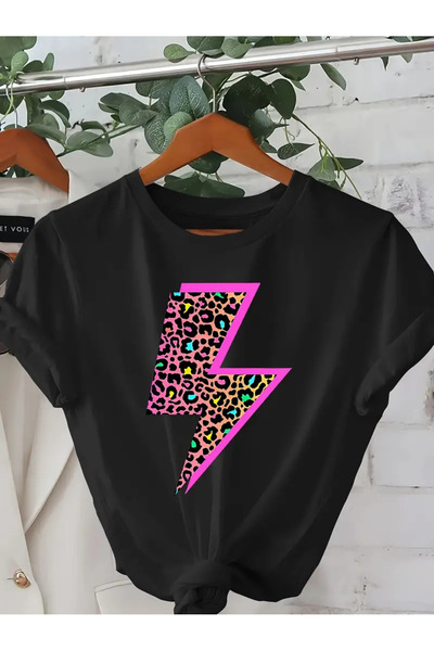 l'eivor Tricou din bumbac pentru femei cu imprimeu cu design leopard și fulger