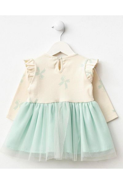 Magu Baby Girl Cotton Ecru Green Tulle Bow Dress - Long Sleeve Rib