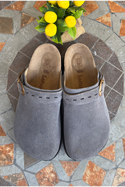 Lemoors Mary Jane Natural Cork Sole Genuine Suede Leather Anthracite Color Sabo Slippers