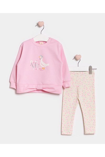 Magu Girls' Cotton Pink Goose Printed Sweatshirt and Floral Patterned Leggings Set