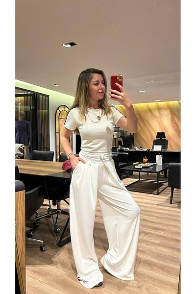 QBZ Stripe Detail Crop Tee Shirt Wide Leg Modal Suit