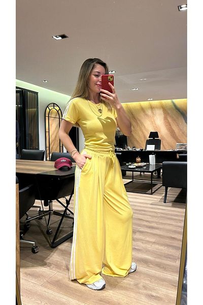 QBZ Stripe Detail Crop Tee Shirt Wide Leg Modal Suit