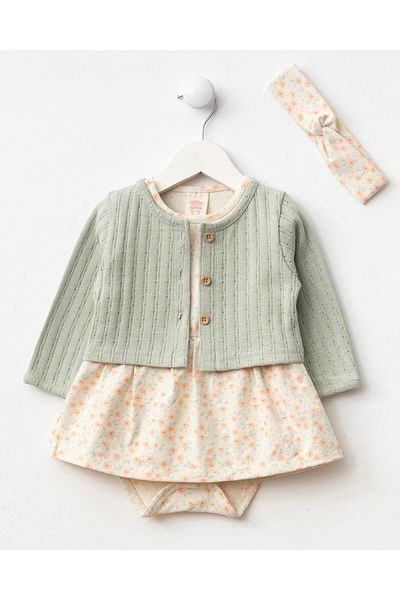 Magu Girl baby cotton powder cardigan floral patterned 3-piece clothes- body dress and hair band