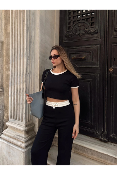 alluria Crop Pants Piping Suit Black