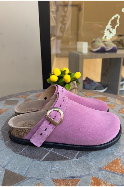 Lemoors Mary Jane Natural Cork Sole Genuine Suede Leather Dust Pink Color Sabo Slippers
