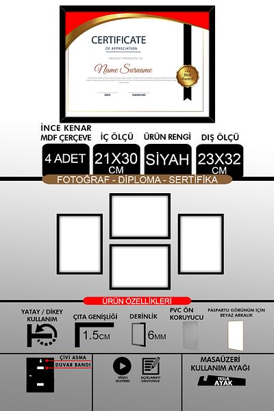 Bytwo 4 Pieces 21X30 Frame - Fine Slatted A4 Frame - Black Frame - Photo Certificate Frame