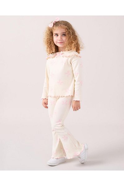 Magu Girls' Cotton Ecru Pink Bow Ribbed Suit - Long Sleeve Top and Spanish Leg Bottom