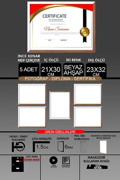 Bytwo 5 Pieces 21X30 Frame - Thin Slatted A4 Frame - 2 Colors White Wood - Photo Certificate Frame