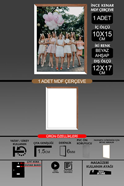 Bytwo 1 Adet 10x15 Çerçeve - İnce Çıtalı Çerçeve - 2 Renk Beyaz Ahşap- 6mm Çe...