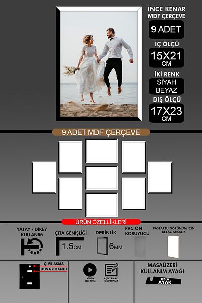 Bytwo 9Pcs 15X21 Frame - Thin Slatted A5 Frame - 2 Colors Black White - 6mm Photo Frame