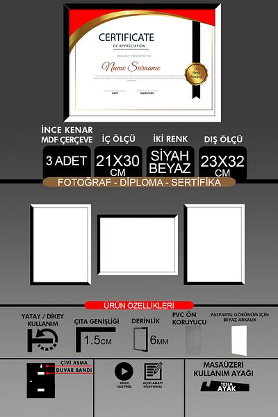 Bytwo 3 Pieces 21X30 Frame - Fine Slatted A4 Frame - 2 Colors Black and White - Photo Certificate Frame