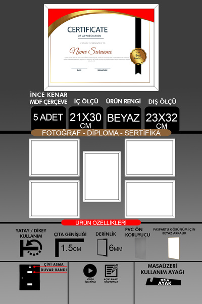 bymat 5 Pieces 21X30 Frame - A4 Frame with Thin Slats - White Frame - Photo Certificate Frame
