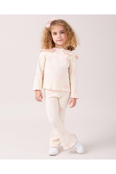 Magu Girls' Cotton Ecru Pink Bow Ribbed Suit - Long Sleeve Top and Spanish Leg Bottom