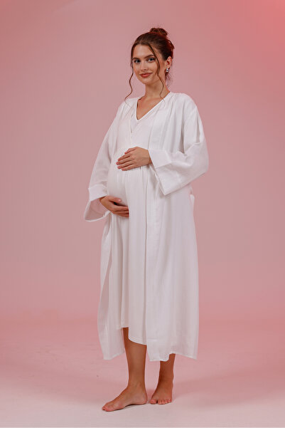 Yulem Homewear Ekru Müslin Kumaş Kruvaze Lohusa Hamile Gecelik-Sabahlık 2'li Set