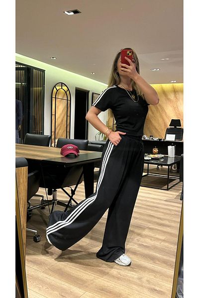 QBZ Stripe Detail Crop Tee Shirt Wide Leg Modal Suit