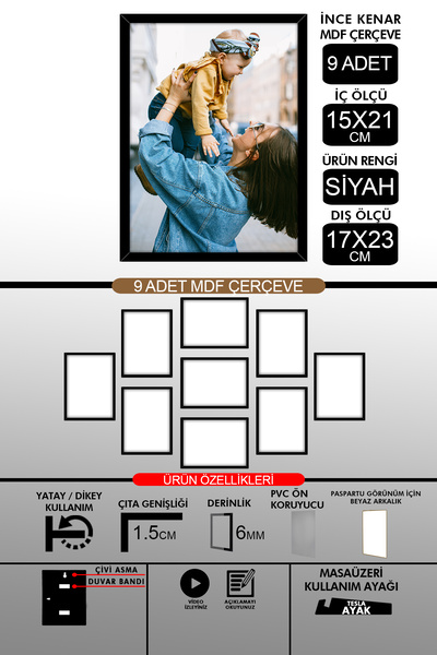 bymat 9 Pieces 15X21 Frame - Thin Slatted A5 Frame - Black Frame - 6mm - Photo Frame