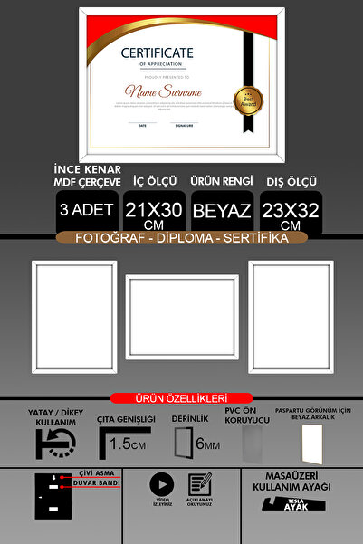 bymat 3 Pieces 21X30 Frame - Fine Slatted A4 Frame - White Frame - Photo Certificate Frame