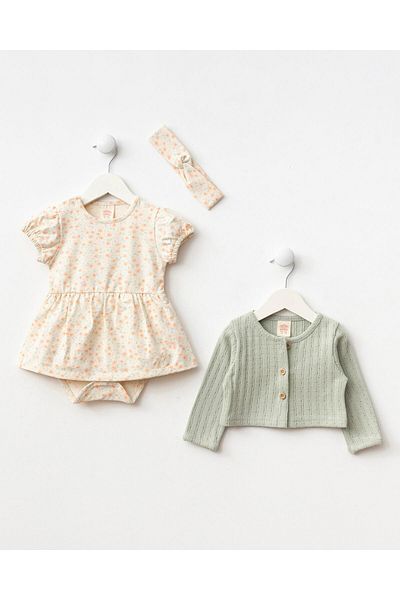 Magu Girl baby cotton powder cardigan floral patterned 3-piece clothes- body dress and hair band