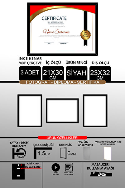 bymat 3 bucăți 21x30 cadru - cadru A4 cu șipci subțiri - cadru negru - cadru pentru certificat foto