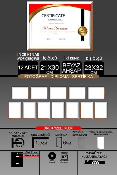 Bytwo 12 Pieces 21X30 Frame - Thin Slatted A4 Frame - 2 Colors White Wood - Photo Certificate Frame