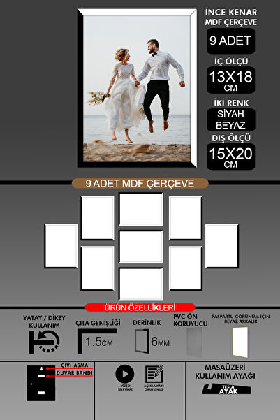 bymat 9Pcs 13X18 Frame - Thin Slatted Frame - 2 Colors Black White - 6mm Frame Photo Frame