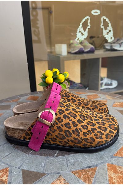 TR Lemoors Mary Jane Natural Cork Sole Genuine Suede Leather Leopard Printed Sabo Slippers