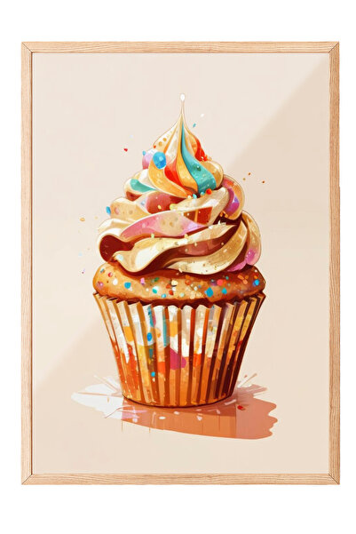 Zestia Tablou cu ramă din lemn, ilustrație cu cupcake – Desert colorat, poste...