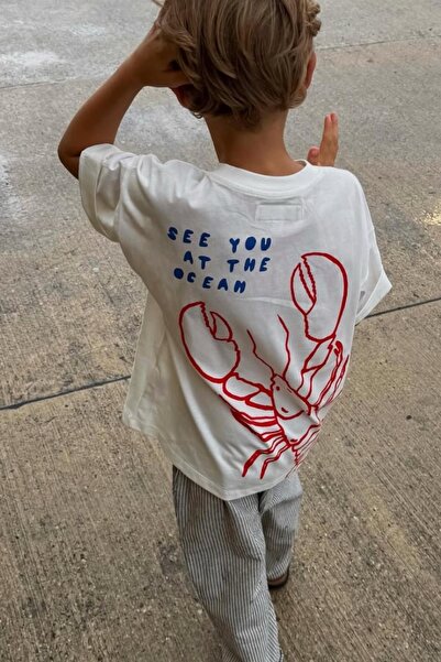 Monila تي شيرت مطبوع عليه مأكولات البحر من نسيج القطن للأطفال للجنسين