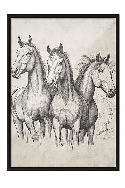 Zestia Tablou înrămat negru, Ilustrație cu trei cai – Alb-negru, Poster decor...
