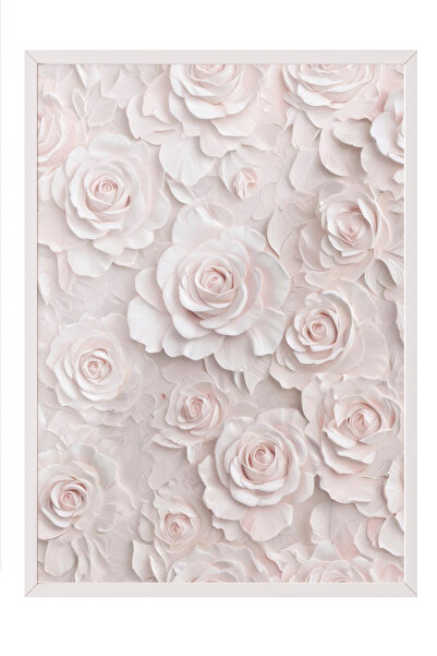 Zestia Tablou cu ramă albă, Motiv trandafir alb în relief, Poster decorativ p...