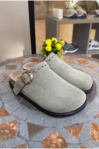 Lemoors Mary Jane Natural Cork Sole Genuine Suede Leather Light Green Color Sabo Slippers