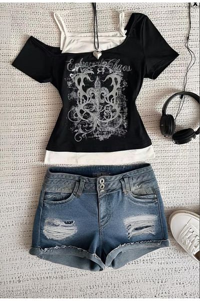 Minga London Black Embrace the Chaos Gothic Y2K Short Sleeve Full Body Crop with Additional Strap -Minga London